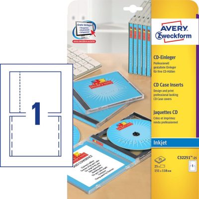 Avery Zweckform No. C32251-25 tintasugaras 151 x 118 mm méretű, CD tok betét mikroperforált élekkel A4-es íven - 25 CD tok betét / csomag - 25 ív / csomag (Avery C32251-25)