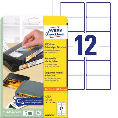Avery Zweckform No. L4742REV-25 univerzális 78,7 x 46,6 mm méretű visszaszedhető, fehér öntapadó etikett címke A4-es íven - 300 címke / csomag - 25 ív / csomag (Avery L4742REV-25)
