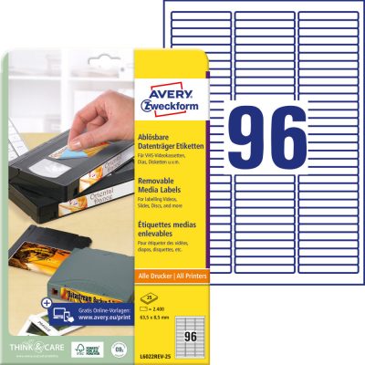 Avery Zweckform No. L6022REV-25 univerzális 63,5 x 8,5 mm méretű visszaszedhető, fehér öntapadó etikett címke A4-es íven - 2400 címke / csomag - 25 ív / csomag (Avery L6022REV-25)