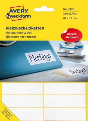 Avery Zweckform No. 3340 kézzel írható 62 x 19 mm méretű, fehér színű, öntapadó etikett címke általános felhasználásra - 392 címke / csomag (Avery 3340)
