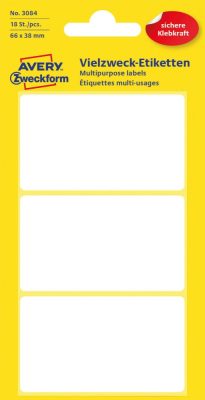 Avery Zweckform No. 3084 kézzel írható 66 x 38 mm méretű, fehér színű, öntapadó etikett címke általános felhasználásra - 18 címke / csomag (Avery 3084)