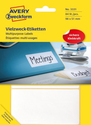 Avery Zweckform No. 3331 kézzel írható 98 x 51 mm méretű, fehér színű, öntapadó etikett címke általános felhasználásra - 84 címke / csomag (Avery 3331)
