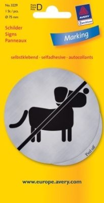 Avery Zweckform No. 3229 öntapadó 75 mm átmérőjű ezüst színű információs matrica Kutyát bevinni tilos! piktogrammal - 1 etikett címke / csomag - 1 ív / csomag (Avery 3229)