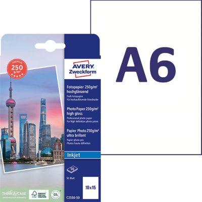 Avery Zweckform No. C2550-50 tintasugaras nyomtatóval nyomtatható A6-os méretű fehér színű 250 g-os prémium minőségű egyoldalas magasfényű fotópapír - kiszerelés: 50 lap / csomag (Avery C2550-50)