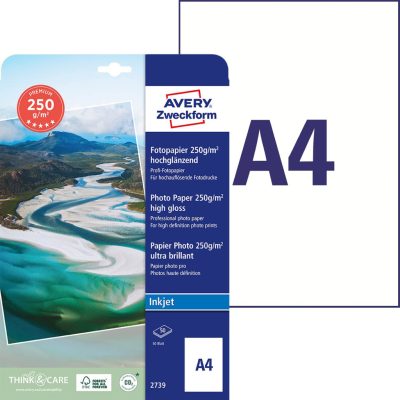 Avery Zweckform No. 2739 tintasugaras nyomtatóval nyomtatható A4-es méretű fehér színű 250 g-os prémium minőségű egyoldalas magasfényű fotópapír - kiszerelés: 50 lap / csomag (Avery 2739)