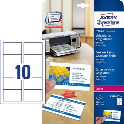 Avery Zweckform No. C32016-10 lézeres 85 x 54 mm méretű, 220 g-os félfényes, kétoldalas fehér nyomtatható névjegykártya, sima élekkel A4-es íven - 100 névjegykártya / csomag (Avery C32016-10)