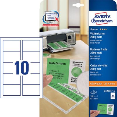 Avery Zweckform No. C32094-10 univerzális 85 x 54 mm méretű, 220 g-os matt, egyoldalas világosszürke márványmintás nyomtatható névjegykártya, sima élekkel A4-es íven (Avery C32094-10)