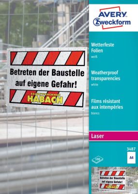 Avery Zweckform No. 3487 fehér időjárásálló fólia lézernyomtatóhoz (vastagság: 0,12 mm, méret: A4, 100 ív / csomag)(Avery 3487)