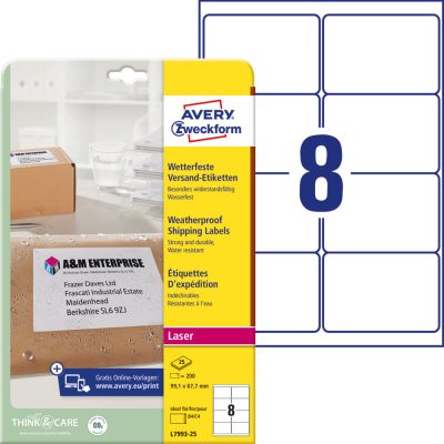 Avery Zweckform No. L7993-25 fehér 99,1 x 67,7 mm méretű, lézernyomtatóval nyomtatható, időjárásálló öntapadós etikett címke, permanens ragasztóval A4-es íven - kiszerelés: 200 címke / 25 ív