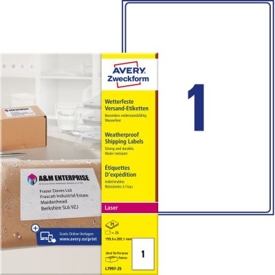 Avery Zweckform No. L7997-25 fehér 199,6 x 289,1 mm méretű, lézernyomtatóval nyomtatható, időjárásálló öntapadós etikett címke, permanens ragasztóval A4-es íven - kiszerelés: 25 címke / 25 ív