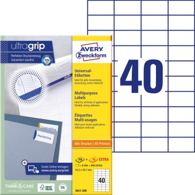 Avery Zweckform No. 3651-200 fehér színű 52,5 x 29,7 mm méretű, univerzálisan nyomtatható, öntapadós etikett címke, permanens ragasztóval A4-es íven - kiszerelés: 8800 címke / 220 ív
