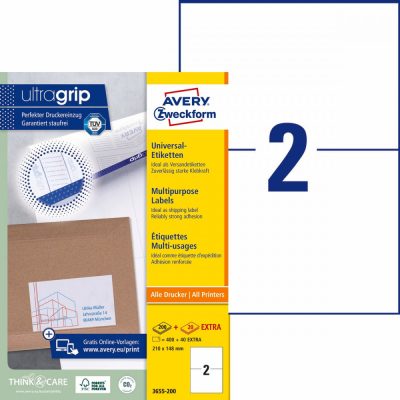 Avery Zweckform No. 3655-200 fehér színű 210 x 148 mm méretű, univerzálisan nyomtatható, öntapadós etikett címke, permanens ragasztóval A4-es íven - kiszerelés: 440 címke / 220 ív