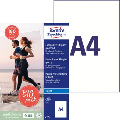 Avery Zweckform No. 2496 tintasugaras nyomtatóval nyomtatható A4-es méretű fehér színű 180 g-os különleges minőségű egyoldalas fényes felületű fotópapír - kiszerelés: 100 lap / doboz (Avery 2496)