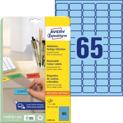 Avery Zweckform No. L4791-20 kék színű 38,1 x 21,2 mm méretű, univerzálisan nyomtatható, öntapadós etikett címke, visszaszedhető ragasztóval A4-es íven - kiszerelés: 1300 címke / 20 ív
