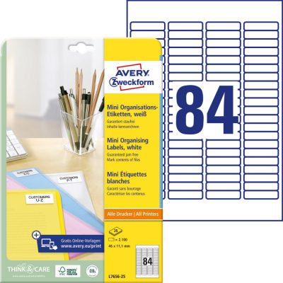 Avery Zweckform No. L7656-25 fehér színű 46 x 11,1 mm méretű, univerzálisan nyomtatható, öntapadós jelölő címke, permanens ragasztóval A4-es íven - kiszerelés: 2100 címke / 25 ív
