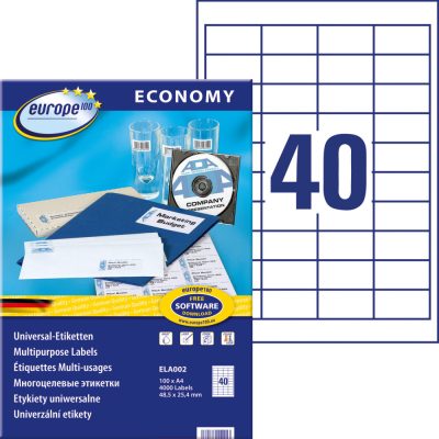 Avery Zweckform europe100 No. ELA002 fehér színű 48,5 x 25,4 mm méretű, univerzálisan nyomtatható, öntapadós etikett címke, permanens ragasztóval A4-es íven - kiszerelés: 4000 címke / 100 ív