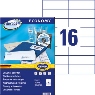Avery Zweckform europe100 No. ELA019 fehér színű 105 x 37 mm méretű, univerzálisan nyomtatható, öntapadós etikett címke, permanens ragasztóval A4-es íven - kiszerelés: 1600 címke / 100 ív