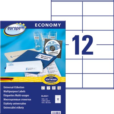 europe100 No. ELA021 fehér színű 105 x 48 mm méretű, univerzálisan nyomtatható, öntapadós etikett címke, permanens ragasztóval A4-es íven - kiszerelés: 1200 címke / 100 ív