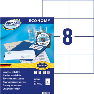 Avery Zweckform europe100 No. ELA023 fehér színű 105 x 74 mm méretű, univerzálisan nyomtatható, öntapadós etikett címke, permanens ragasztóval A4-es íven - kiszerelés: 800 címke / 100 ív