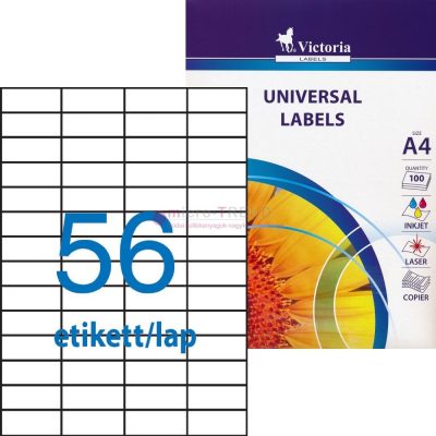 Victoria LCV11384 fehér színű 52,5 x 21,2 mm méretű, 4 pályás, univerzálisan nyomtatható, öntapadós etikett címke, permanens ragasztóval A4-es íven - kiszerelés: 5600 címke / 100 ív