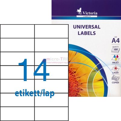 Victoria LCV11372 fehér színű 105 x 42,4 mm méretű, 2 pályás, univerzálisan nyomtatható, öntapadós etikett címke, permanens ragasztóval A4-es íven - kiszerelés: 1400 címke / 100 ív