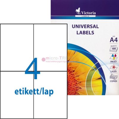 Victoria LCV11376 fehér színű 105 x 148 mm méretű, 2 pályás, univerzálisan nyomtatható, öntapadós etikett címke, permanens ragasztóval A4-es íven - kiszerelés: 400 címke / 100 ív
