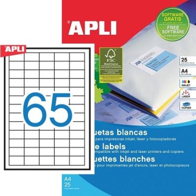 APLI No. 01209 fehér színű 38 x 21,2 mm méretű, univerzálisan nyomtatható, öntapadós etikett címke, permanens ragasztóval A4-es íven - kiszerelés: 1625 címke / 25 ív (LCA1209)