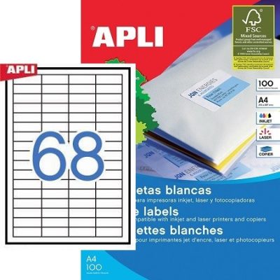 APLI No. 01282 fehér színű 48,5 x 16,9 mm méretű, univerzálisan nyomtatható, öntapadós etikett címke, permanens ragasztóval A4-es íven - kiszerelés: 6800 címke / 100 ív (LCA3128, LCA1282)