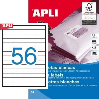 APLI No. 01777 fehér színű 52,5 x 21,2 mm méretű, univerzálisan nyomtatható, öntapadós etikett címke, permanens ragasztóval A4-es íven - kiszerelés: 28000 címke / 500 ív (LCA1777)