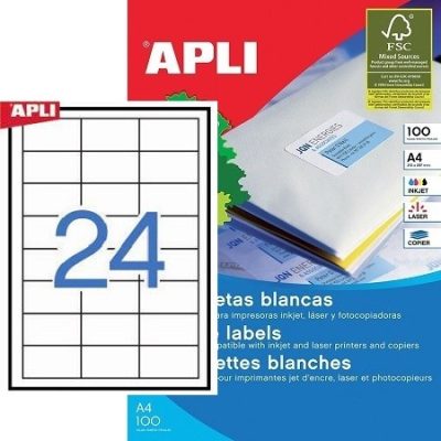 APLI No. 01263 fehér színű 64,6 x 33,8 mm méretű, univerzálisan nyomtatható, öntapadós etikett címke, permanens ragasztóval A4-es íven - kiszerelés: 2400 címke / 100 ív (LCA3131, LCA1263)