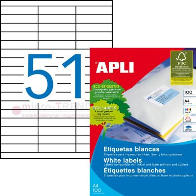 APLI No. 01294 fehér színű 70 x 16,9 mm méretű, univerzálisan nyomtatható, öntapadós etikett címke, permanens ragasztóval A4-es íven - kiszerelés: 5100 címke / 100 ív (LCA1294)