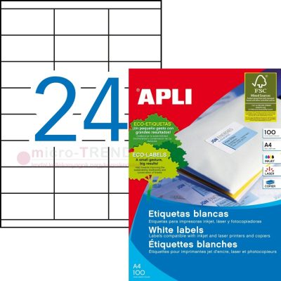 APLI No. 01298 fehér színű 70 x 36 mm méretű, univerzálisan nyomtatható, öntapadós etikett címke, permanens ragasztóval A4-es íven - kiszerelés: 2400 címke / 100 ív (LCA1298)