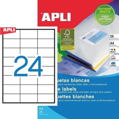 APLI No. 01212 fehér színű 70 x 37 mm méretű, univerzálisan nyomtatható, öntapadós etikett címke, permanens ragasztóval A4-es íven - kiszerelés: 600 címke / 25 ív (LCA10818, LCA1212)