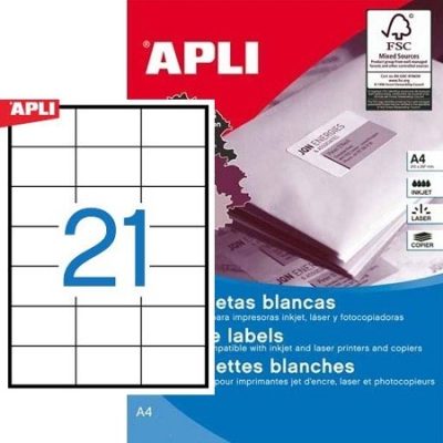 APLI No. 01779 fehér színű 70 x 42,4 mm méretű, univerzálisan nyomtatható, öntapadós etikett címke, permanens ragasztóval A4-es íven - kiszerelés: 10500 címke / 500 ív (LCA1779)