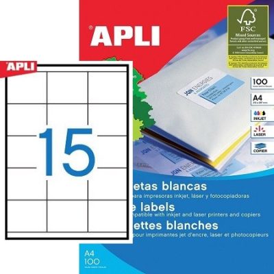 APLI No. 01295 fehér színű 70 x 50,8 mm méretű, univerzálisan nyomtatható, öntapadós etikett címke, permanens ragasztóval A4-es íven - kiszerelés: 1500 címke / 100 ív (LCA1295)