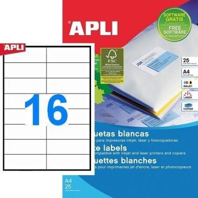 APLI No. 01214 fehér színű 105 x 37 mm méretű, univerzálisan nyomtatható, öntapadós etikett címke, permanens ragasztóval A4-es íven - kiszerelés: 400 címke / 25 ív (LCA1214)