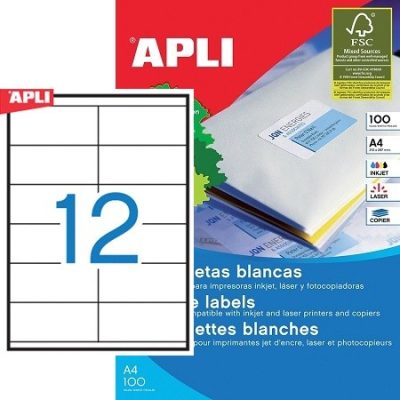 APLI No. 01289 fehér színű 105 x 48 mm méretű, univerzálisan nyomtatható, öntapadós etikett címke, permanens ragasztóval A4-es íven - kiszerelés: 1200 címke / 100 ív (LCA3139, LCA1289)