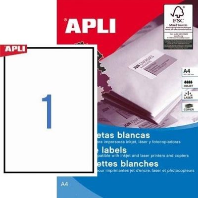 APLI No. 01788 fehér színű 210 x 297 mm méretű, univerzálisan nyomtatható, öntapadós etikett címke, permanens ragasztóval A4-es íven - kiszerelés: 500 címke / 500 ív (LCA1788)