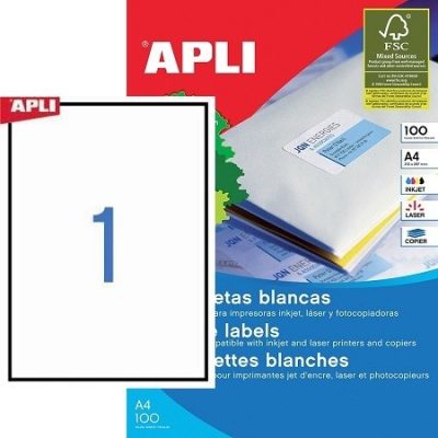 APLI No. 03141 fehér színű 210 x 297 mm méretű, univerzálisan nyomtatható, öntapadós etikett címke, permanens ragasztóval A4-es íven - kiszerelés: 100 címke / 100 ív (LCA3141, LCA1281)