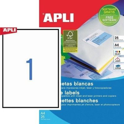 APLI No. 01215 fehér színű 210 x 297 mm méretű, univerzálisan nyomtatható, öntapadós etikett címke, permanens ragasztóval A4-es íven - kiszerelés: 25 címke / 25 ív (LCA10819, 01215)