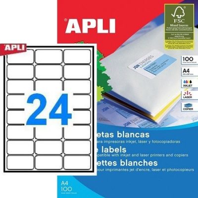 APLI No. 02409 fehér színű 64 x 33,9 mm méretű, univerzálisan nyomtatható, öntapadós etikett címke, permanens ragasztóval A4-es íven - kiszerelés: 2400 címke / 100 ív (LCA2409)