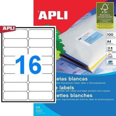 APLI No. 02418 fehér színű 99,1 x 34 mm méretű, univerzálisan nyomtatható, öntapadós etikett címke, permanens ragasztóval A4-es íven - kiszerelés: 1600 címke / 100 ív (LCA2418)