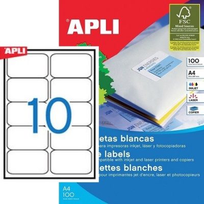 APLI No. 02411 fehér színű 99,1 x 57 mm méretű, univerzálisan nyomtatható, öntapadós etikett címke, permanens ragasztóval A4-es íven - kiszerelés: 1000 címke / 100 ív (LCA2411)