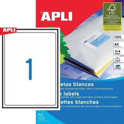 APLI No. 02412 fehér színű 199,6 x 289,1 mm méretű, univerzálisan nyomtatható, öntapadós etikett címke, permanens ragasztóval A4-es íven - kiszerelés: 100 címke / 100 ív (LCA2412)