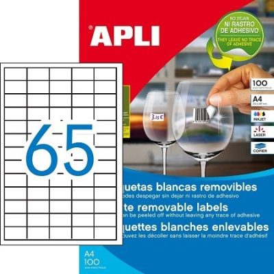 APLI No. 03052 fehér színű 38 x 21,2 mm méretű, univerzálisan nyomtatható, öntapadós etikett címke, visszaszedhető ragasztóval A4-es íven - kiszerelés: 6500 címke / 100 ív (LCA03052)