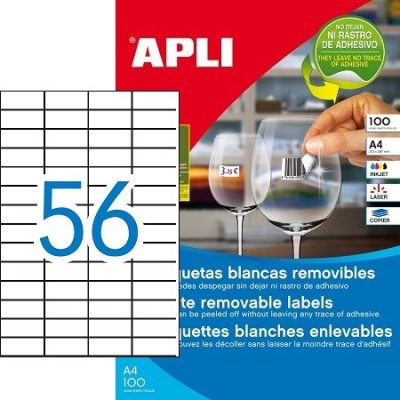 APLI No. 03055 fehér színű 52,5 x 21,2 mm méretű, univerzálisan nyomtatható, öntapadós etikett címke, visszaszedhető ragasztóval A4-es íven - kiszerelés: 5600 címke / 100 ív (LCA03055)