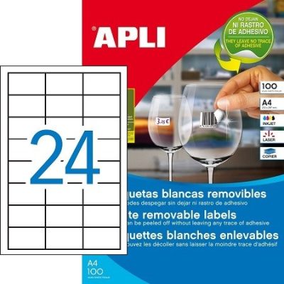 APLI No. 03056 fehér színű 64,6 x 33,8 mm méretű, univerzálisan nyomtatható, öntapadós etikett címke, visszaszedhető ragasztóval A4-es íven - kiszerelés: 2400 címke / 100 ív (LCA03056)