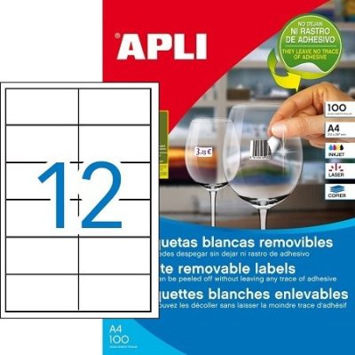 APLI No. 03057 fehér színű 97 x 42,4 mm méretű, univerzálisan nyomtatható, öntapadós etikett címke, visszaszedhető ragasztóval A4-es íven - kiszerelés: 1200 címke / 100 ív (LCA03057)