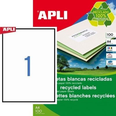 APLI No. 12070 fehér színű 210 x 297 mm méretű, univerzálisan nyomtatható, környezetbarát öntapadós etikett címke, permanens ragasztóval A4-es íven - kiszerelés: 100 címke / 100 ív (LCA12070)