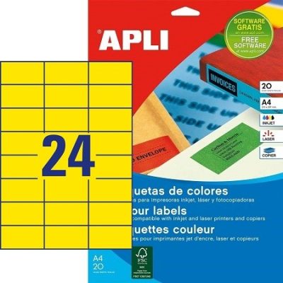 APLI No. 01591 sárga színű 70 x 37 mm méretű, univerzálisan nyomtatható, öntapadós etikett címke, permanens ragasztóval A4-es íven - kiszerelés: 480 címke / 20 ív (LCA1591)